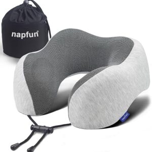 Neck Pillow for Traveling, Upgraded Travel Neck Pillow for Airplane 100% Pure Memory Foam Travel Pillow for Flight Headrest Sleep, Portable Plane Accessories, Light Grey