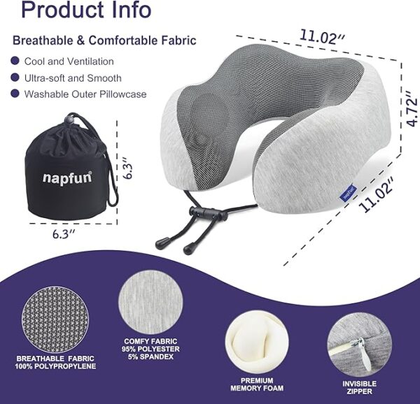Neck Pillow for Traveling, Upgraded Travel Neck Pillow for Airplane 100% Pure Memory Foam Travel Pillow for Flight Headrest Sleep, Portable Plane Accessories, Light Grey - Image 4