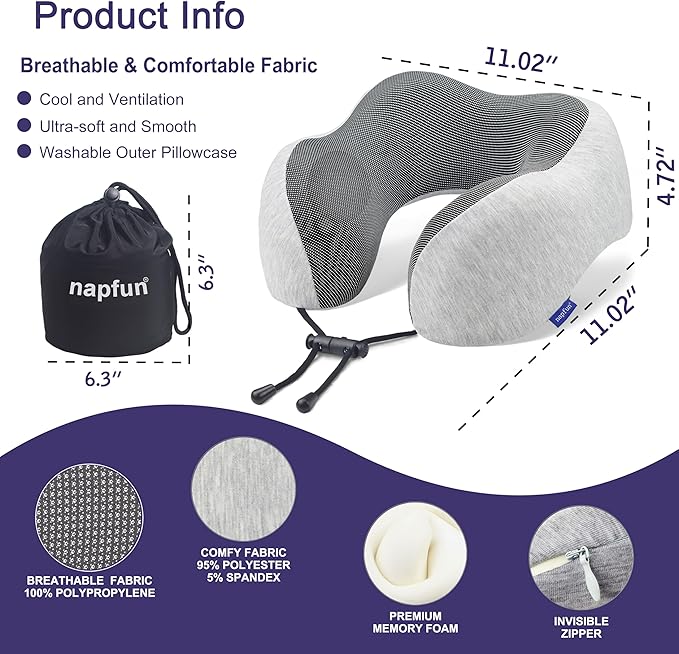 Neck Pillow for Traveling, Upgraded Travel Neck Pillow for Airplane 100% Pure Memory Foam Travel Pillow for Flight Headrest Sleep, Portable Plane Accessories, Light Grey - Image 4