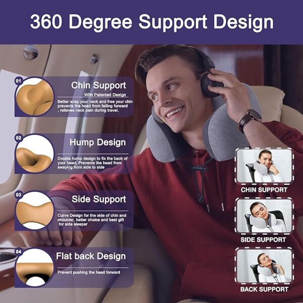 Neck Pillow for Traveling, Upgraded Travel Neck Pillow for Airplane 100% Pure Memory Foam Travel Pillow for Flight Headrest Sleep, Portable Plane Accessories, Light Grey - Image 3
