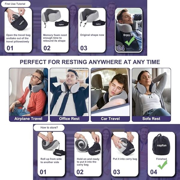 Neck Pillow for Traveling, Upgraded Travel Neck Pillow for Airplane 100% Pure Memory Foam Travel Pillow for Flight Headrest Sleep, Portable Plane Accessories, Light Grey - Image 2