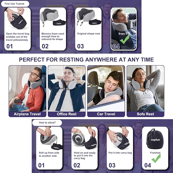 Neck Pillow for Traveling, Upgraded Travel Neck Pillow for Airplane 100% Pure Memory Foam Travel Pillow for Flight Headrest Sleep, Portable Plane Accessories, Light Grey - Image 2