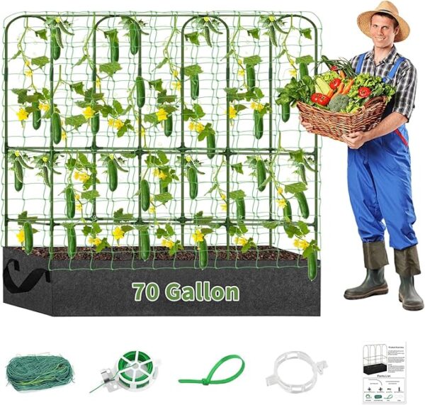 PASARA Cucumber Trellis with Grow Bag - Garden Trellis for Climbing Vegetables, 65 X 50 Inch Large Metal Trellis for Climbing Plants Outdoor, Including Twist Ties, Clips, Ties, Nylon Garden Lattice - Image 4