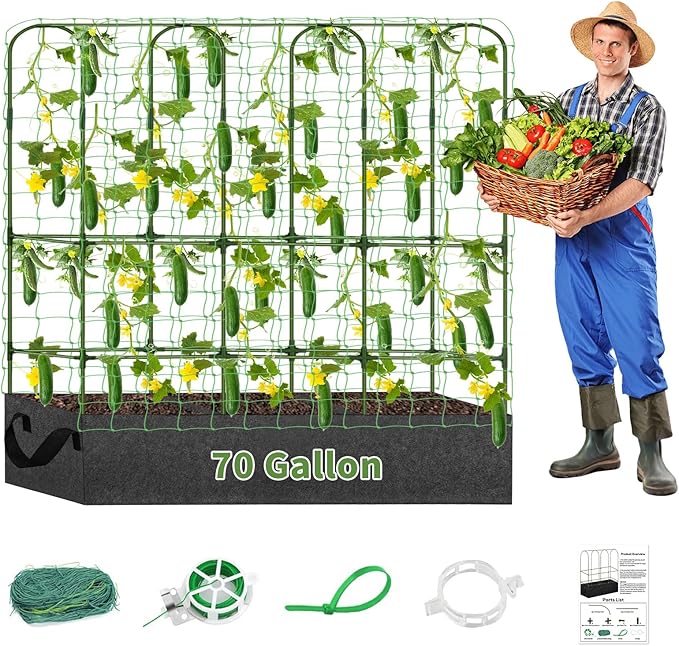 PASARA Cucumber Trellis with Grow Bag - Garden Trellis for Climbing Vegetables, 65 X 50 Inch Large Metal Trellis for Climbing Plants Outdoor, Including Twist Ties, Clips, Ties, Nylon Garden Lattice - Image 4