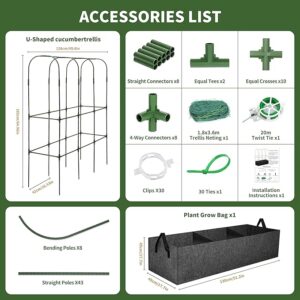 PASARA Cucumber Trellis with Grow Bag - Garden Trellis for Climbing Vegetables, 65 X 50 Inch Large Metal Trellis for Climbing Plants Outdoor, Including Twist Ties, Clips, Ties, Nylon Garden Lattice