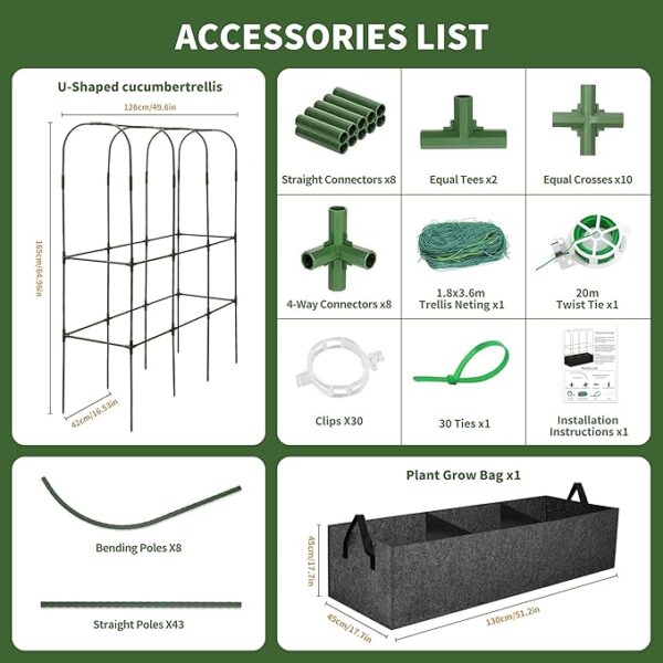 PASARA Cucumber Trellis with Grow Bag - Garden Trellis for Climbing Vegetables, 65 X 50 Inch Large Metal Trellis for Climbing Plants Outdoor, Including Twist Ties, Clips, Ties, Nylon Garden Lattice