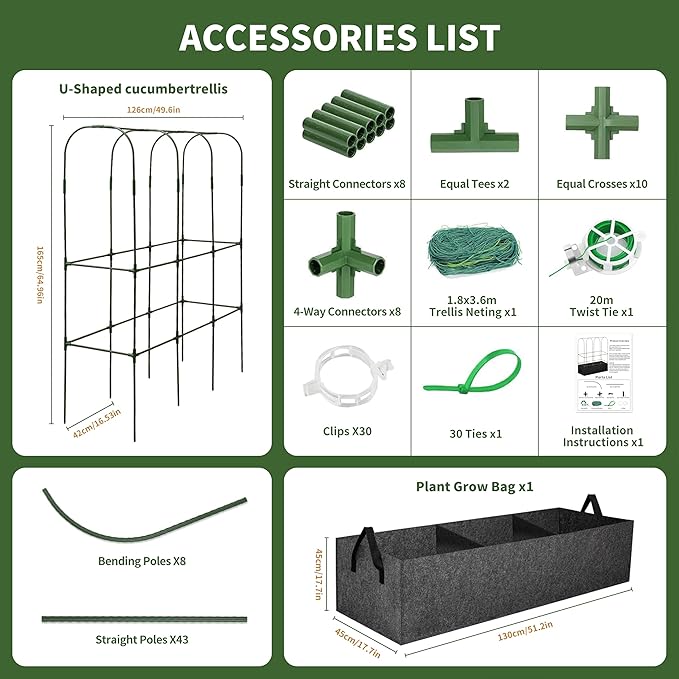 PASARA Cucumber Trellis with Grow Bag - Garden Trellis for Climbing Vegetables, 65 X 50 Inch Large Metal Trellis for Climbing Plants Outdoor, Including Twist Ties, Clips, Ties, Nylon Garden Lattice