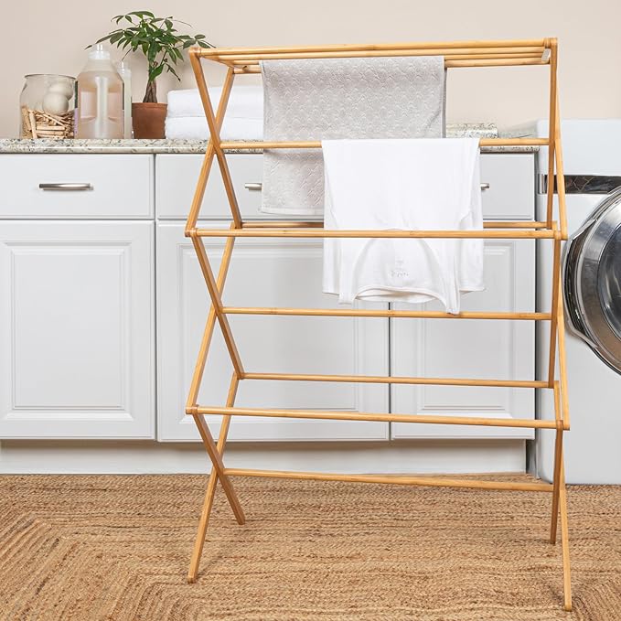 Bamboo Folding Clothes Drying Rack, Upscale Laundry Rack with 11 Dowels, Environmentally Friendly, Stable Frame, Shelf for Drying Flat - Image 3