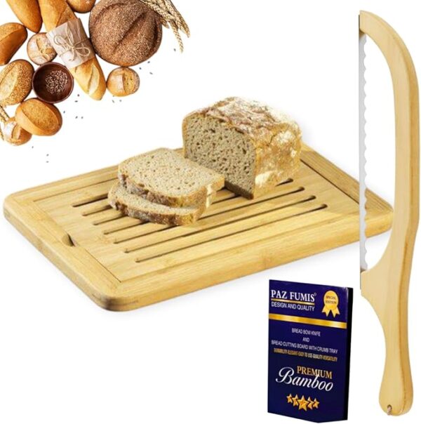 Bread Cutting Board, Bread slicer,Crumb Tray with holder,Bread Serving Tray for Kitchen-Complete set for Slicing Homemade Bread- Bread bow knife (16") Cutting Board (15x9,5") with Crumb Tray - Image 3