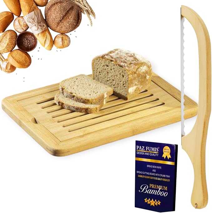 Bread Cutting Board, Bread slicer,Crumb Tray with holder,Bread Serving Tray for Kitchen-Complete set for Slicing Homemade Bread- Bread bow knife (16") Cutting Board (15x9,5") with Crumb Tray - Image 3