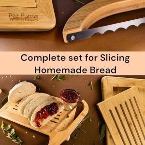 Bread Cutting Board, Bread slicer,Crumb Tray with holder,Bread Serving Tray for Kitchen-Complete set for Slicing Homemade Bread- Bread bow knife (16") Cutting Board (15x9,5") with Crumb Tray
